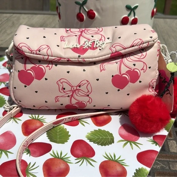 NWT! Betsey Johnson Pink Cherry Hearts Bows Soft Crossbody Bag - Picture 3 of 7